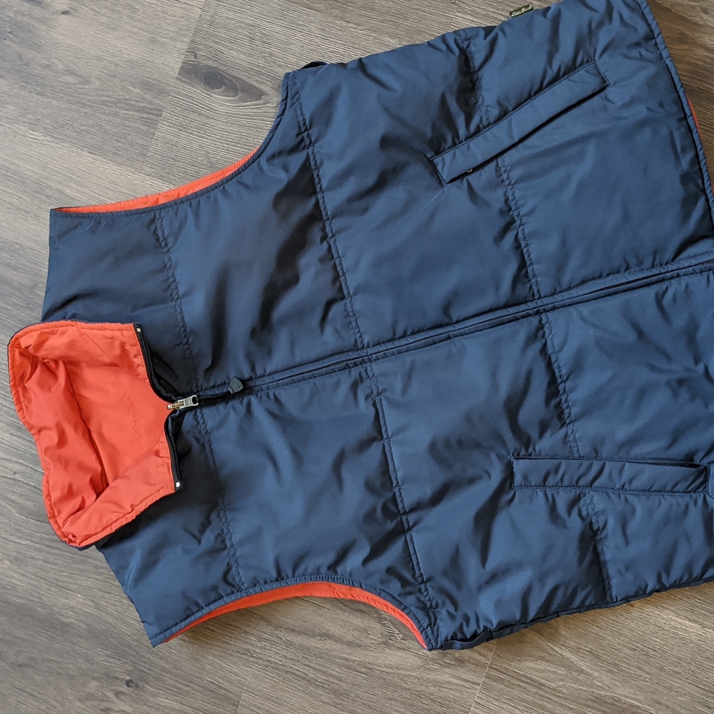 Men's Eddie Bauer Reversible Zip Goose Down Puffer Vest in Navy Blue & Orange …